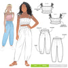 Kids’ shirred crop top with rouleau straps and balloon pants with ruffle and pockets sewing pattern, ideal for light woven fabrics.