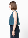 Lady wearing teal linen top made using Bonnie Woven Tops Multi-Size Sewing Pattern