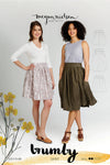 Brumby skirt sewing pattern, featuring gathered designs with deep scoop pockets and an exposed zipper