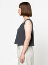 Image of the Byron Woven Top sewing pattern, highlighting the square neck, sleeveless design, and deep hem facing with topstitching, suitable for various elegant fabrics.