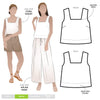 Image of the Byron Woven Top sewing pattern, highlighting the square neck, sleeveless design, and deep hem facing with topstitching, suitable for various elegant fabrics.