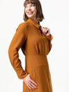 Sophisticated Christina Woven Dress pattern with long sleeves, turn back cuffs, and a mid-body fitted yoke, designed for a refined look