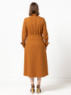 Sophisticated Christina Woven Dress pattern with long sleeves, turn back cuffs, and a mid-body fitted yoke, designed for a refined look