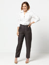 Stylish Claude Woven Pant pattern featuring a slim leg, Hollywood waist, and intricate ‘V’ design detail at the back, offering a modern tailored look.