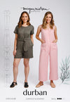 Durban multi-size sewing pattern featuring mix and match jumpsuit & romper styles with various necklines, sleeves, and leg cuts, suitable for intermediate skill levels.