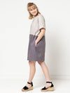 side view of women wearing linen eme dress made using Eme Dress sewing pattern by Style Arc, featuring a loose-fitting cocoon shape, perfect for summer, and suitable for linen, rayon, silk, cotton, and fine wool fabrics.