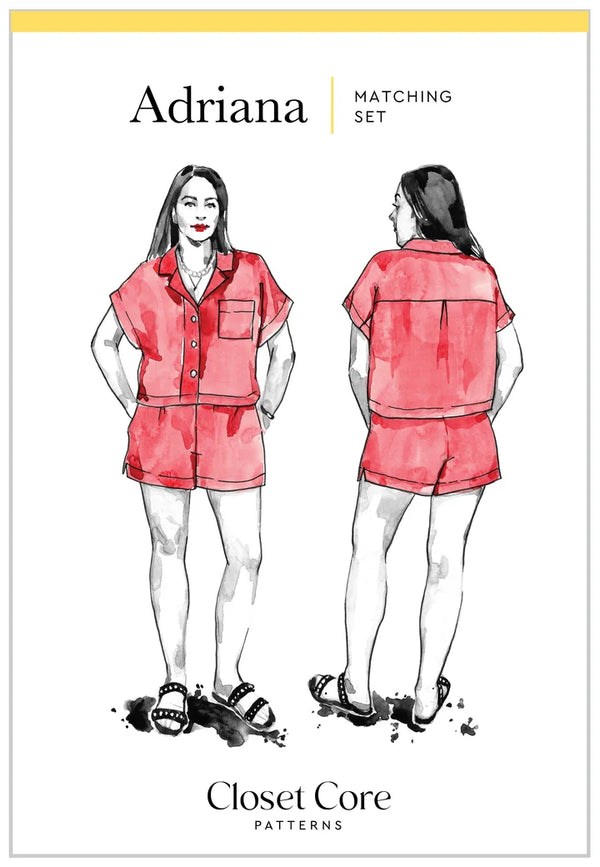 Pattern cover for the Adriana Matching Set by Closet Core Patterns, featuring watercolor-style illustrations of a woman wearing a red short-sleeve button-front top and matching shorts, shown from front and back.