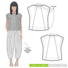 drawing ofEthel Designer Top sewing pattern by Style Arc, featuring a square shape, angled design lines, and wide facings, suitable for linen, crepe, silk, and light wool fabrics.