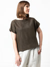 front view of lady wearing linen top made using Ethel Designer Top sewing pattern by Style Arc, featuring a square shape, angled design lines, and wide facings, suitable for linen, crepe, silk, and light wool fabrics.