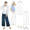 darawing of Style Arc’s Fifi Woven Pant sewing pattern, featuring a wide leg design with a smooth front yoke, elastic back, and side pockets, perfect for crepe, linen, and rayon fabrics.