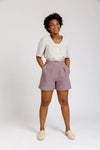 Flint sewing pattern for wide leg cropped pants or shorts with crossover closure, suitable for light to medium weight fabrics, great for beginner sewers.