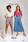 Flint sewing pattern for wide leg cropped pants or shorts with crossover closure, suitable for light to medium weight fabrics, great for beginner sewers.