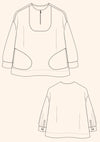 Customizable French Smock sewing pattern with options for button or zip fastening, various bib shapes, and optional trims, perfect for creating a unique garment.