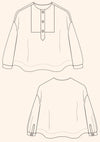 Customizable French Smock sewing pattern with options for button or zip fastening, various bib shapes, and optional trims, perfect for creating a unique garment.