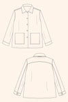 Jaime Jacket sewing pattern, highlighting a casual menswear design with a curved yoke, slit cuff openings, and unique dual front pockets, perfect for creating a smart, easy-to-wear jacket.