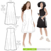 Lena Shift Dress sewing pattern, featuring a sleeveless “A” line boat neck design with a tent shape, calf length, and large inseam pockets, suitable for linen, cotton, and crepe fabrics.