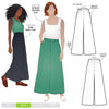 Loddon Woven Pant sewing pattern, featuring wide-leg, full-length pants with elastic waist, flat front waistband, and angled pockets, suitable for washed linen, crepe, viscose, or fine wool fabrics.