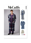 McCall's Sewing Pattern M8443 for men’s sleepwear, featuring a wrap robe, nightshirt, top, and pull-on pants and shorts.