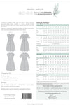 Matilda dress sewing pattern featuring princess seams, drop shoulder, pleated breast pockets, and an A-line skirt, suitable for light to medium fabrics.