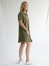 A modern Max tunic dress sewing pattern with dropped shoulders, a shaped hem, and inseam pockets, tailored for comfort and style in linen and other fabrics.