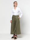 Milan woven pant sewing pattern featuring a wide leg, ankle length, and drawstring tie waist, designed for ultimate comfort in linen and cotton.