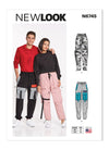 New Look Sewing Pattern N6745 featuring unisex cargo pants with bellows pockets, drawstring waistband, and utility-inspired design