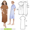 A sophisticated short-sleeved shirtmaker dress pattern featuring a collar stand, turn-back cuffs, and a shaped hemline, suitable for linen and other fabrics.