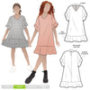 Fun and flirty Pixie Teens Dress sewing pattern featuring an easy-fit A-line shape, short flounce sleeves, hem flounce, and a ‘V’ neck, ideal for various woven fabrics