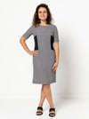 Elegant sheath dress sewing pattern with optional contrast side inserts and flattering elbow-length sleeves, suitable for linen, cotton, lace, silk, or fine wool