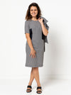 Elegant sheath dress sewing pattern with optional contrast side inserts and flattering elbow-length sleeves, suitable for linen, cotton, lace, silk, or fine wool