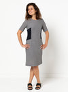 Elegant sheath dress sewing pattern with optional contrast side inserts and flattering elbow-length sleeves, suitable for linen, cotton, lace, silk, or fine wool