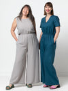 Shannon Jumpsuit sewing pattern featuring two bodice styles, wide leg pants, and optional side pockets, perfect for crepe, linen, or ponte knit fabrics.