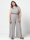 Shannon Jumpsuit sewing pattern featuring two bodice styles, wide leg pants, and optional side pockets, perfect for crepe, linen, or ponte knit fabrics.