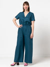 Shannon Jumpsuit sewing pattern featuring two bodice styles, wide leg pants, and optional side pockets, perfect for crepe, linen, or ponte knit fabrics.