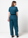 Shannon Jumpsuit sewing pattern featuring two bodice styles, wide leg pants, and optional side pockets, perfect for crepe, linen, or ponte knit fabrics.