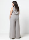 Shannon Jumpsuit sewing pattern featuring two bodice styles, wide leg pants, and optional side pockets, perfect for crepe, linen, or ponte knit fabrics.