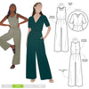 Shannon Jumpsuit sewing pattern featuring two bodice styles, wide leg pants, and optional side pockets, perfect for crepe, linen, or ponte knit fabrics.