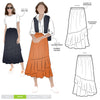 Fashion-forward Sorrento Skirt sewing pattern displaying an ‘A’ line shape with double angled flounces, designed for washed linen, silk, rayon, or knit fabrics