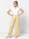 Spencer Woven Pant sewing pattern with wide leg design, cuffed hem, and detailed pockets, ideal for linen, wool, crepe, or gabardine fabrics.