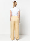 Spencer Woven Pant sewing pattern with wide leg design, cuffed hem, and detailed pockets, ideal for linen, wool, crepe, or gabardine fabrics.