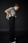 Merchant & Mills’ Omilie sewing pattern for sailor-inspired wide leg trousers with buttoned pockets.