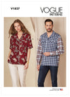 Vogue sewing pattern V1827 for unisex button-down shirts with pointed collar, side slits, and options for long or short sleeves with pockets.