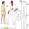 bie Woven Pant and Short Multi-Size Sewing Pattern Technical drawings and model illustration of Albie Woven Pant and Short sewing pattern, highlighting elastic waist, straight wide leg, and optional pockets in front and back views.