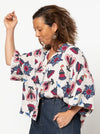 Albie Woven Shirt Multi-Size Sewing Pattern - PrintedAlbie Shirt Sewing Pattern with front, back, and side views, showcasing a box-shaped body, dropped shoulder, and square-shaped elbow-length sleeves with wide hems.