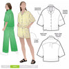 Albie Woven Shirt Multi-Size Sewing Pattern - PrintedIllustration of the Albie Shirt Sewing Pattern with front, back, and side views, showcasing a box-shaped body, dropped shoulder, and square-shaped elbow-length sleeves with wide hems.