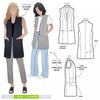 Andrea Woven Vest Sewing PatternAndrea Woven Vest sewing pattern, featuring a long line vest with a shawl collar, sleeveless design, and optional pockets for a sleek and stylish garment.