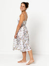 lady wearing floral dress made using Ariana Woven Dress Sewing Pattern - Fitted Bodice with Full Skirt