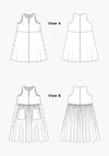 Austin Dress sewing pattern featuring a semi-fitted sleeveless design with a keyhole front, available in knee-length A-line or midi-length gathered skirt options.