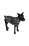 Black and white illustration of a dog wearing a checkered coat.