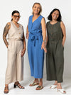 Stylish Birdie Jumpsuit sewing pattern with buttoned front, round and V-neck options, and wide legs, suitable for crepe, linen, and ponte knit fabrics.